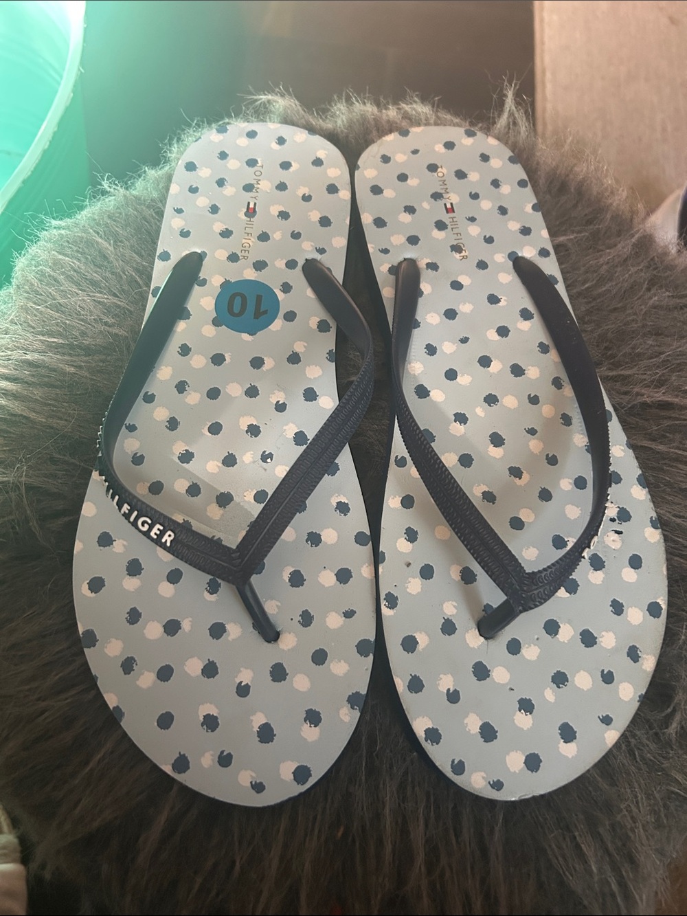 Tommy Hilfiger Light Blue Polka Dot Flip Flops with Navy Straps